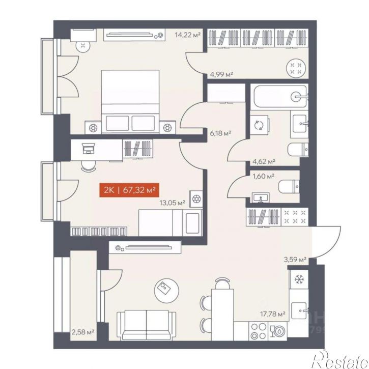2-комн квартира в новом доме ул Елизаровых, 13 1,  д. 13 1,  к. 1
