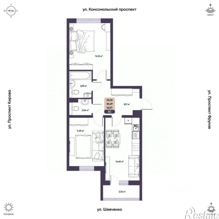 3-комн квартира в новом доме Енисейская улица, 35,  д. 35