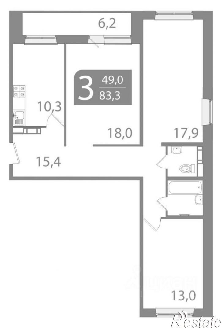 3-комн квартира в новом доме улица Пришвина, 46